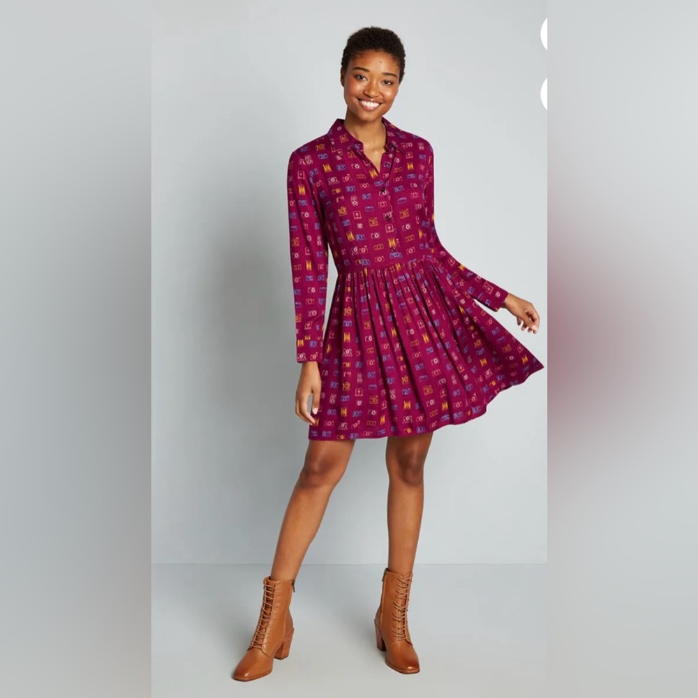 Modcloth + Circus! Worth A Thousand Words Shirt Dress Maroon Size 12